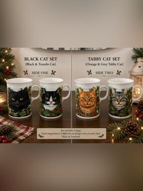 Dunoon Scottish Fine Stoneware Christmas Cat Holly Mugs Set of 2